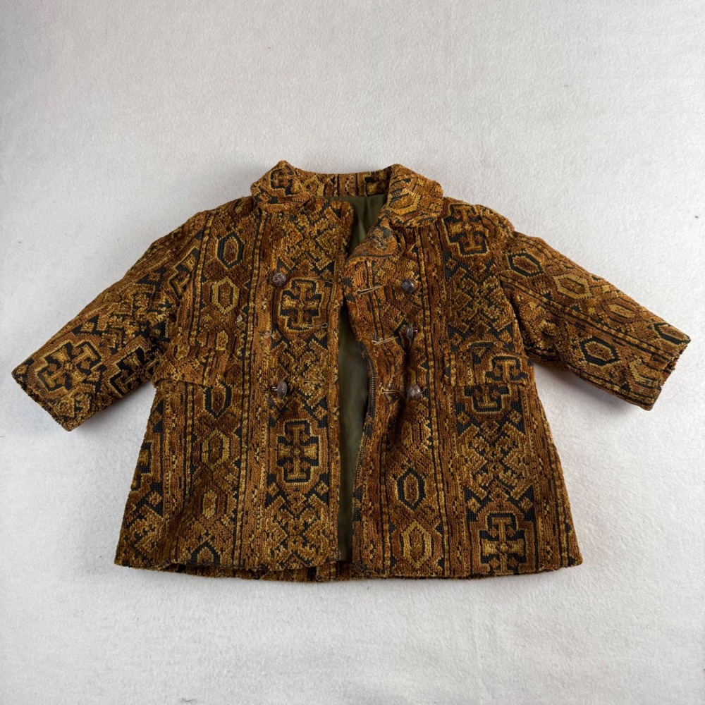 Vintage Solitaire Kids Tapestry Coat Brown Gold Geometric Double Breasted 16in L